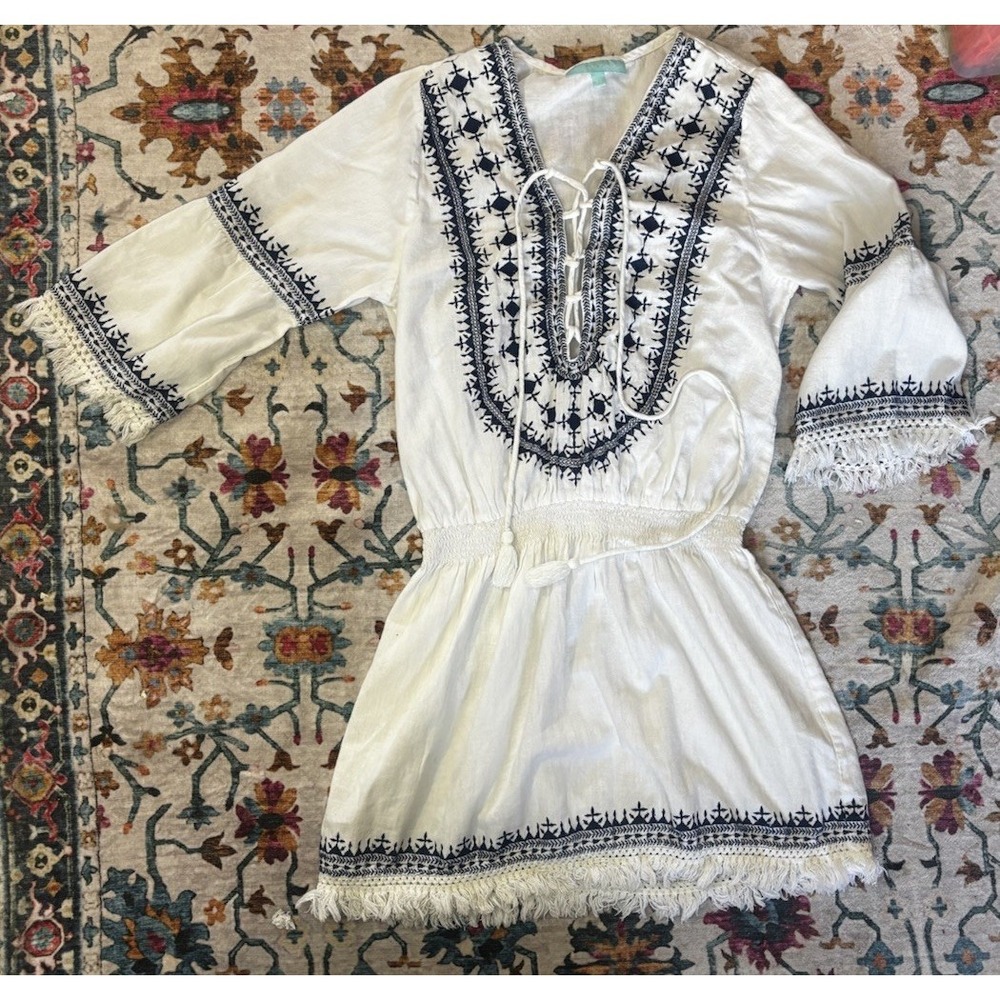 Melissa Odabash Dress Tunic Cover Up Size  XS White & Navy Color 100 % Cotton